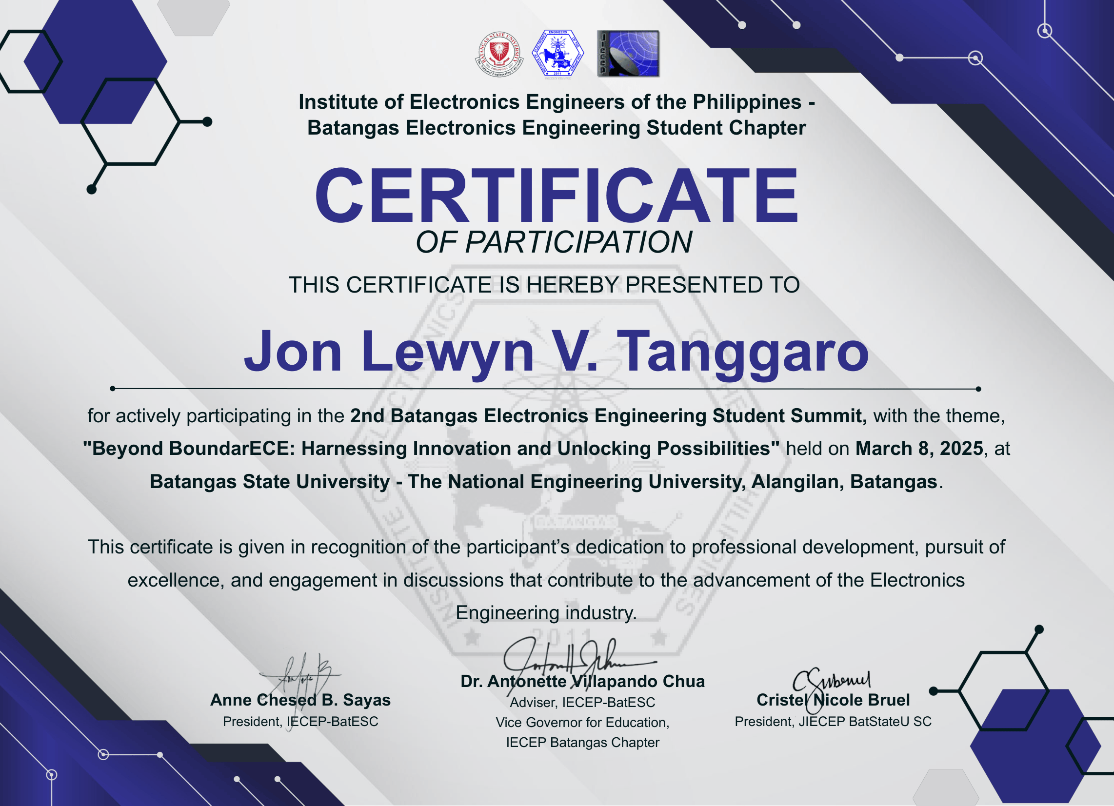 Certificate: 2nd Batangas ECE Student Summit