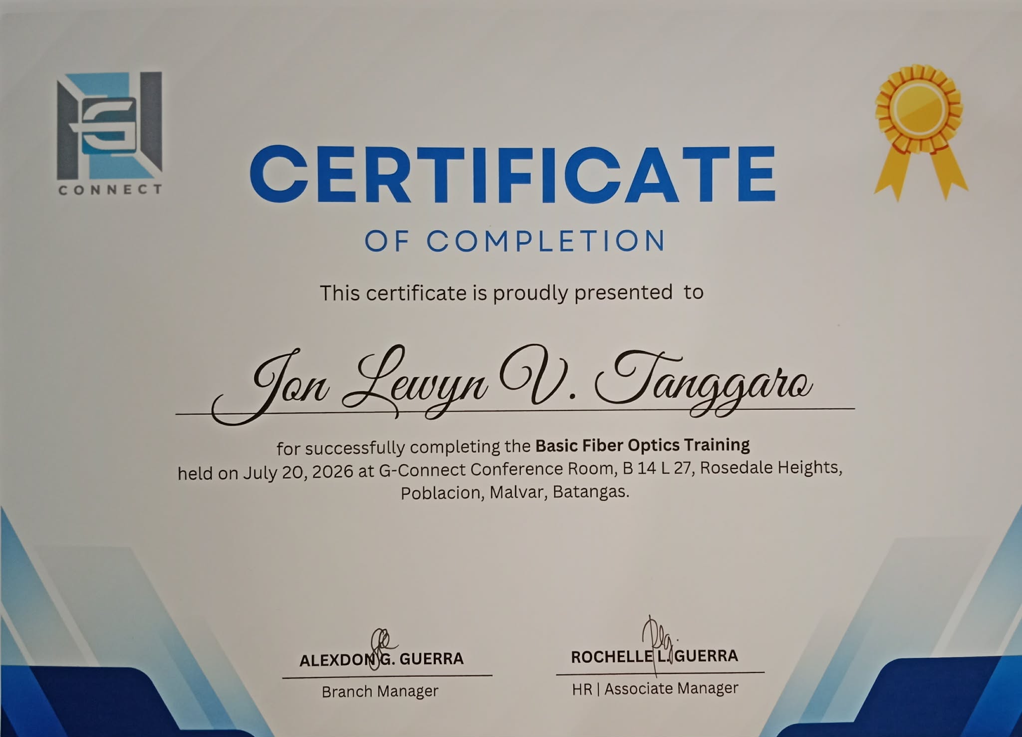 Certificate: Basic Fiber Optics Training