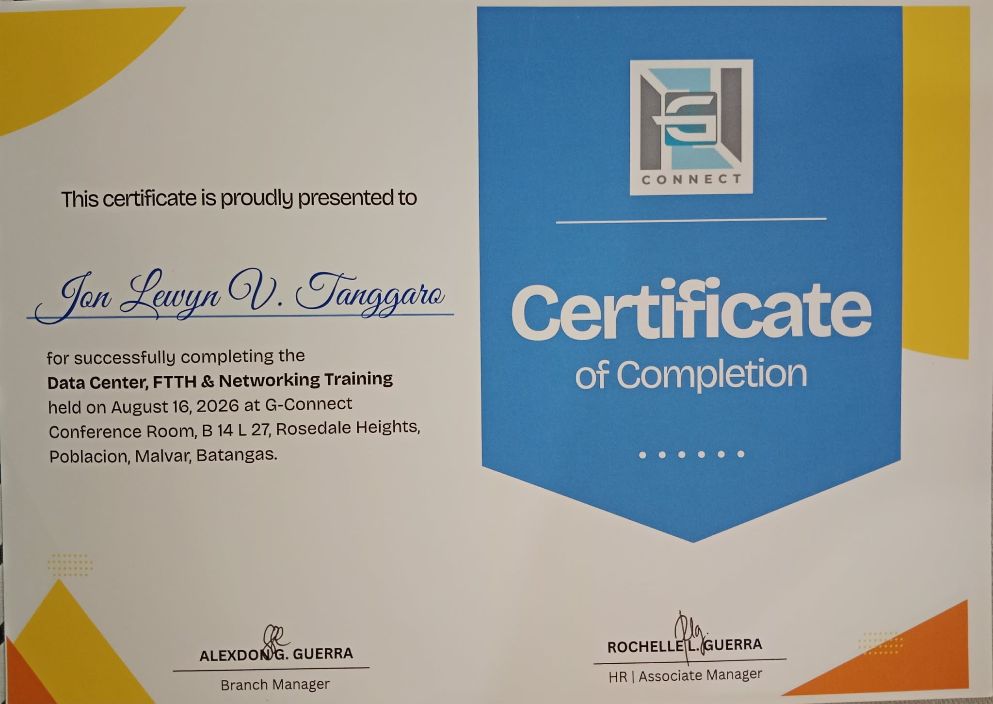 Certificate: Data Center, FTTH and Networking Training
