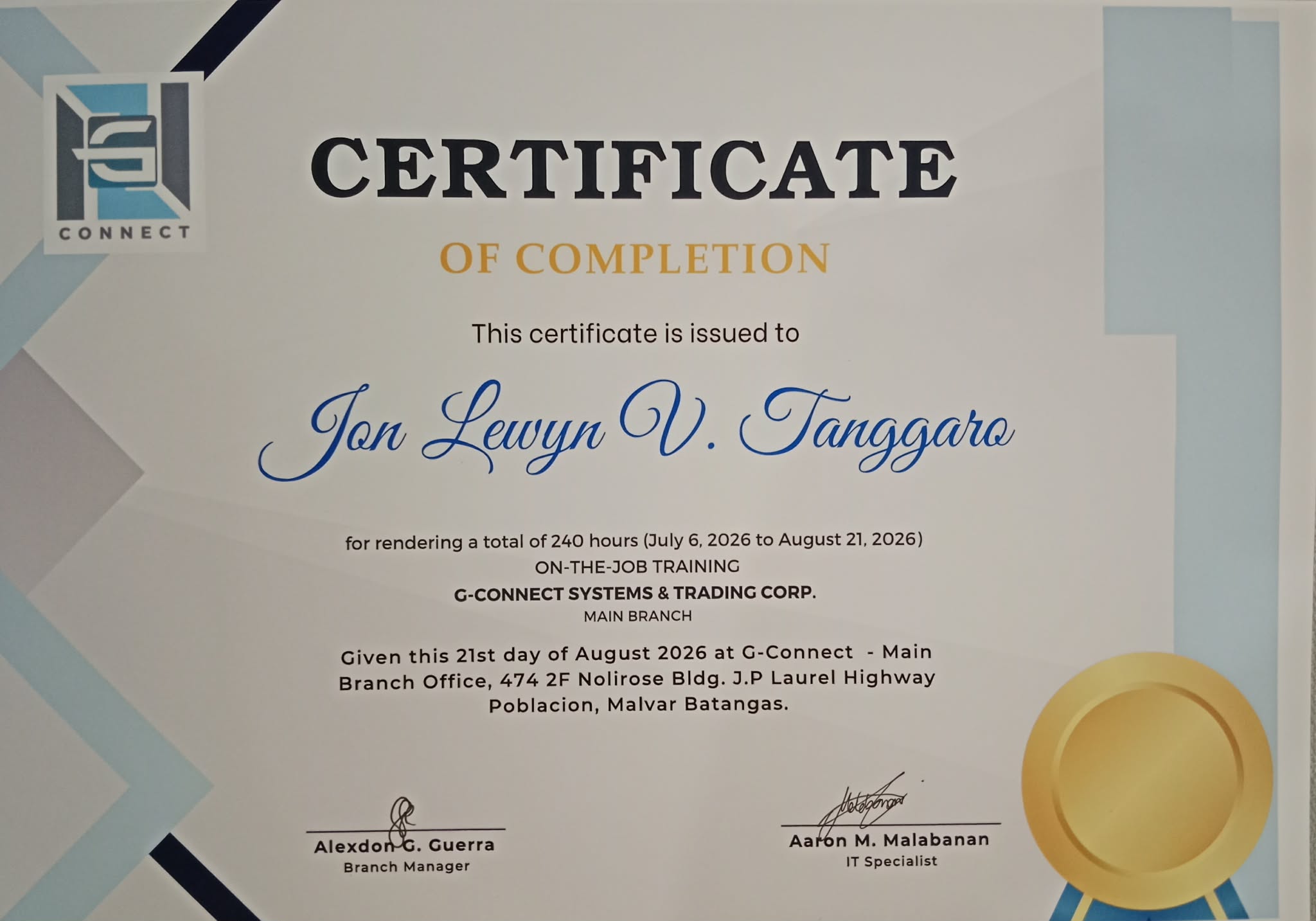 Certificate: On-the-job training, 240 hours
