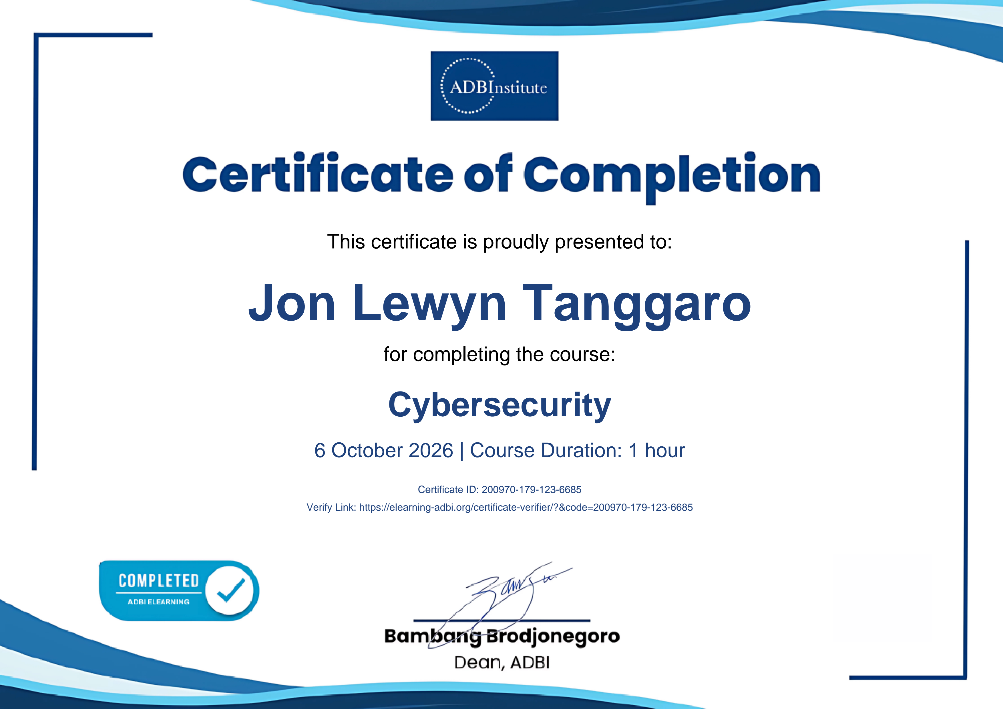 Certificate: Cybersecurity course completion