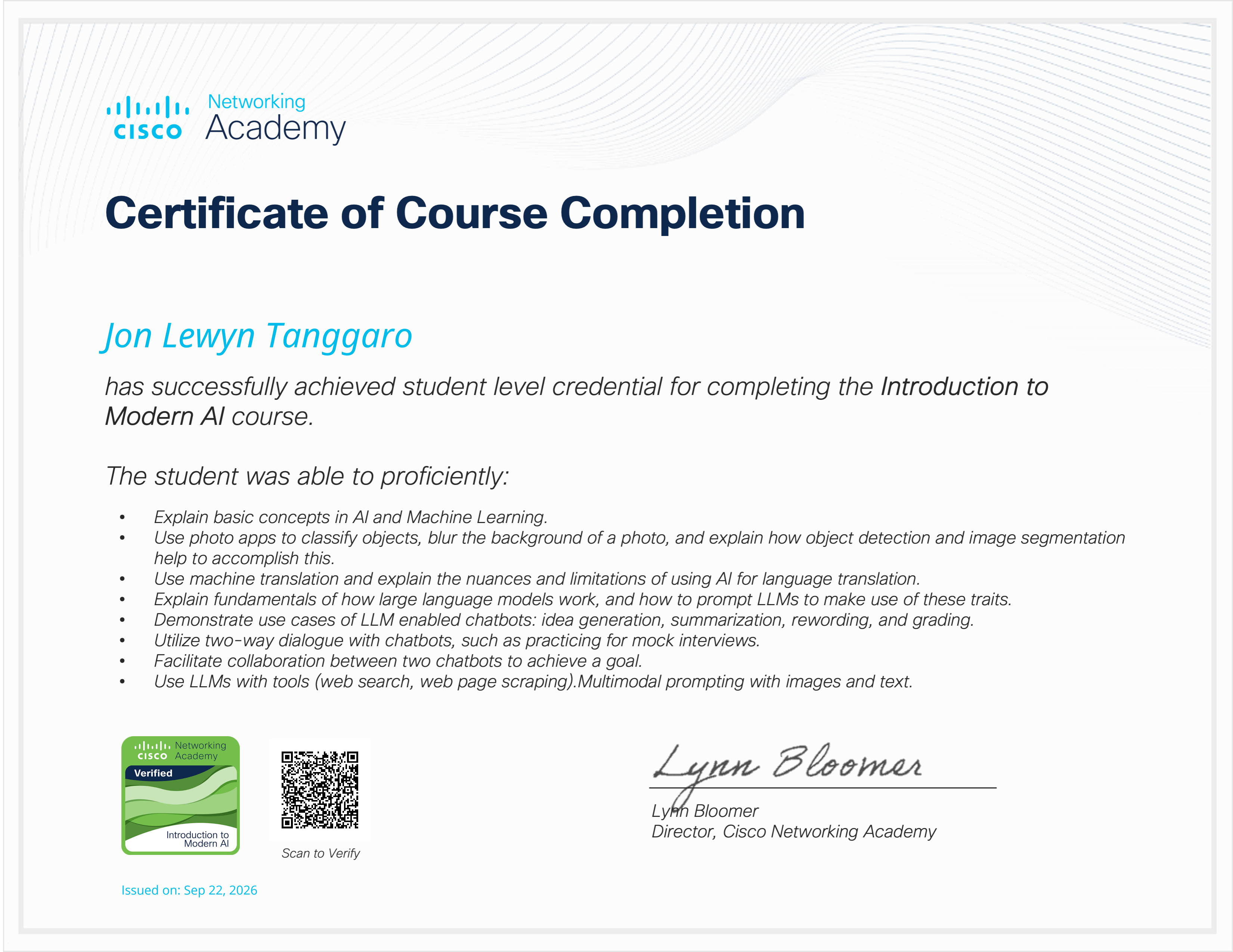 Certificate: Introduction to Modern AI course completion