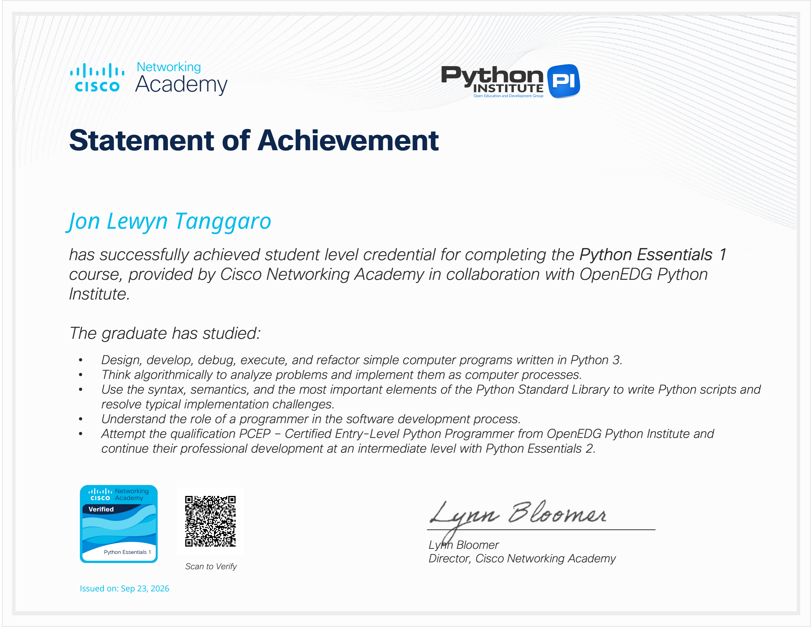 Certificate: Python Essentials 1 statement of achievement